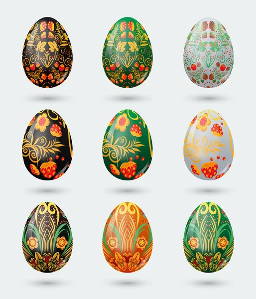 Ensemble de neuf œufs de Pâques colorés stylisés motif khokhloma russe — Image vectorielle