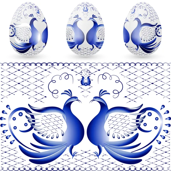 Paasei met een patroon van gestileerde gzhel. blauwe vogels. — Stockvector