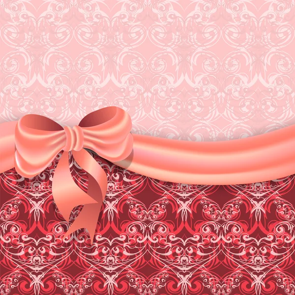 Gentle pink background with Victorian pattern divided satin ribbon with a bow. — Stock Vector