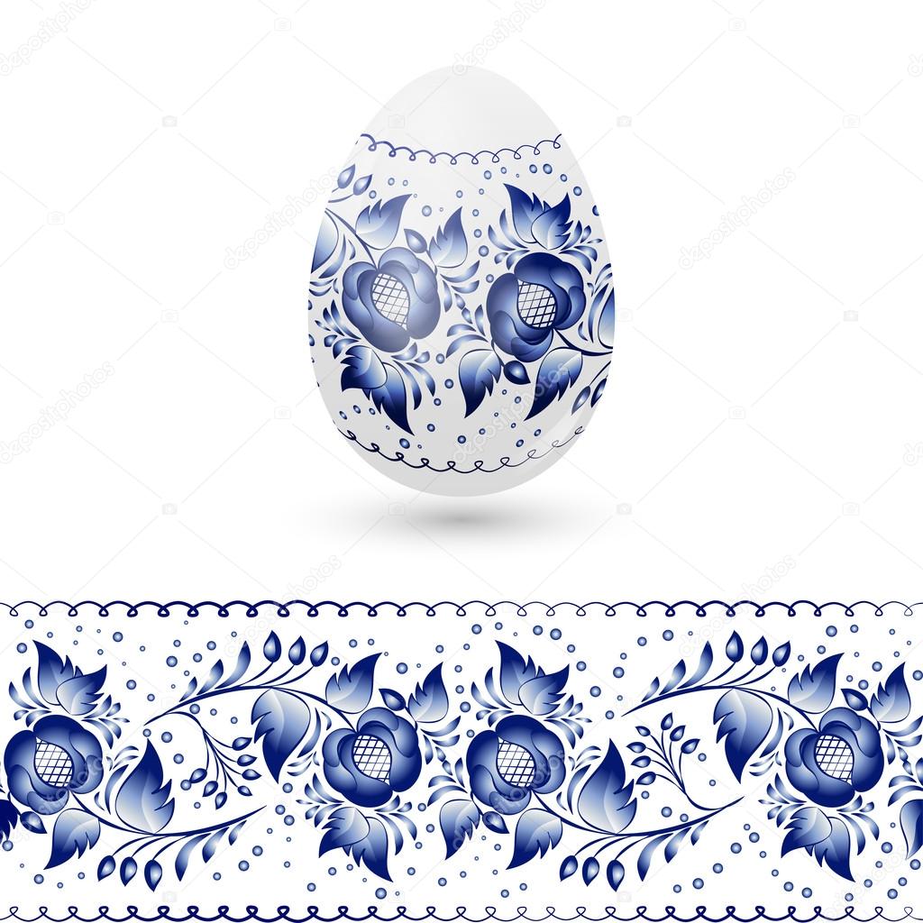 Blue Easter egg stylized Gzhel. Russian blue floral traditional pattern. Vector illustration