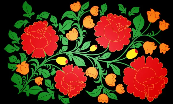 Bright large roses and other flowers painted on a black background. Pastiche of traditional Russian national pattern khokhloma. — Stock Vector