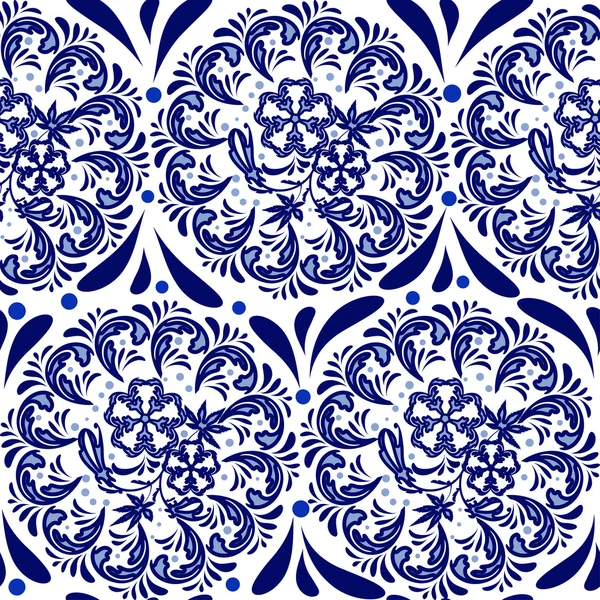 Blue seamless pattern in the style of Russian national pattern gzhel. Circular pattern mandala of flowers on a white background.