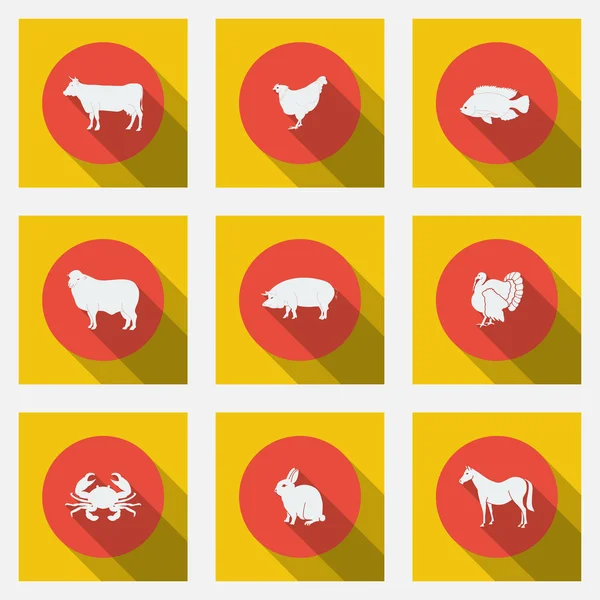 Fashionable flat icons with long shadows types of meat products. Nine animals on a bright background. — Stock Vector