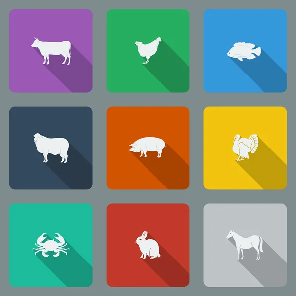 时尚多色平面图标与长长的阴影类型的肉类产品。在明亮的背景上的九个动物. — 图库矢量图片