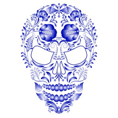 Skull decorated with blue pattern in Gzhel style on a white background. clipart