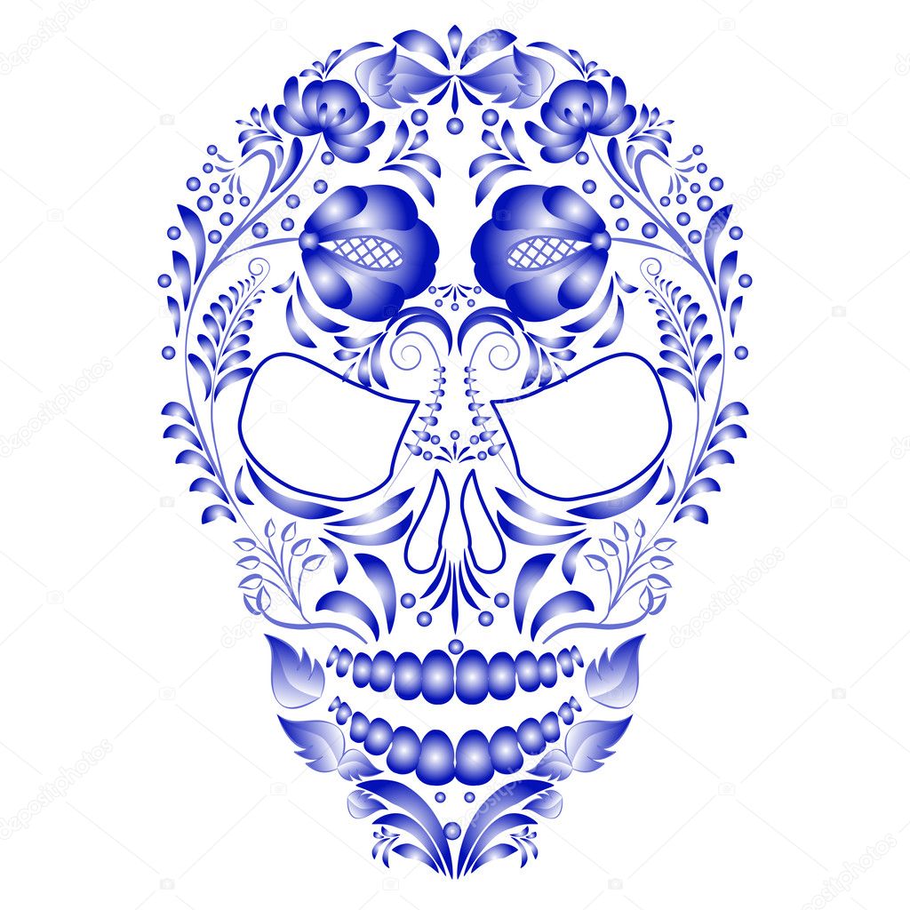 Skull decorated with blue pattern in Gzhel style on a white background.