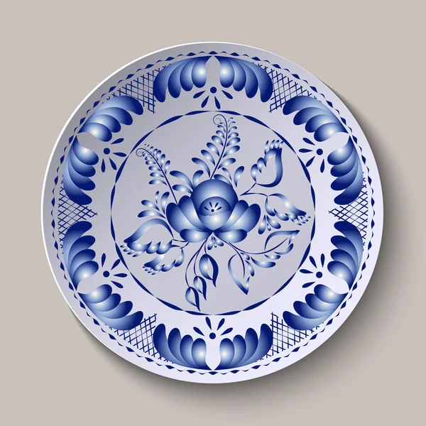 Adorno floral redondo estilo Gzhel. Patrón mostrado en la placa de cerámica . — Archivo Imágenes Vectoriales