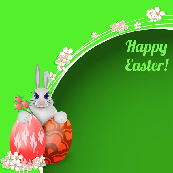 Tarjeta de Pascua con conejo y huevos de Pascua de colores . — Vector de stock