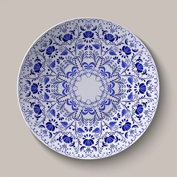 Ornamento floreale blu rotondo stile Gzhel. Modello mostrato sulla piastra in ceramica . — Vettoriale Stock
