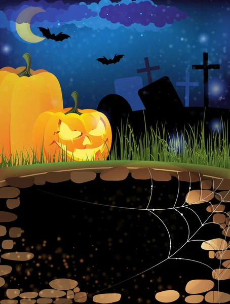 Terrible pumpkins on a night cemetery — Stock Vector