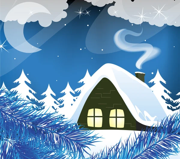 Night snow-covered hut — Stock Vector