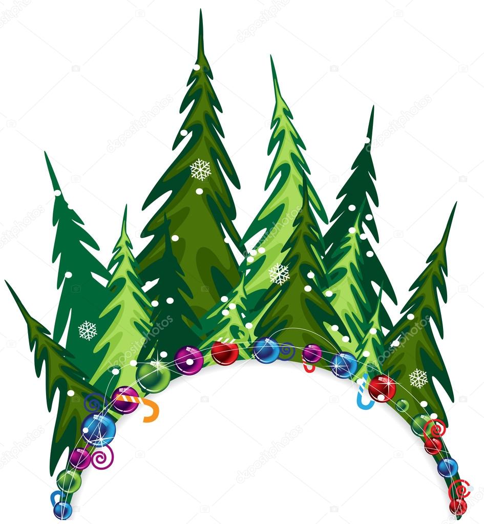 Fir forest with Christmas decorations