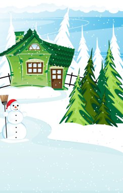 tuğla ev ve kardan adam ile Noel Baba şapkası