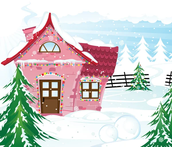 Pink fairy house in winter forest — Stock Vector