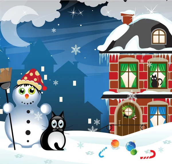 Snowman and a homeless cat — Stock Vector