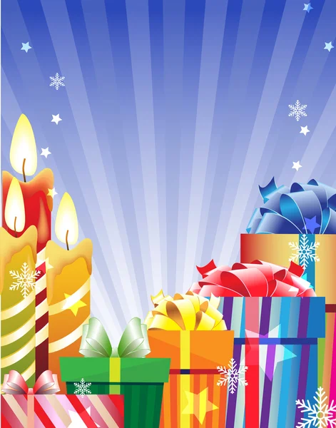 Brandende kaarsen en heldere geschenkdozen — Stockvector