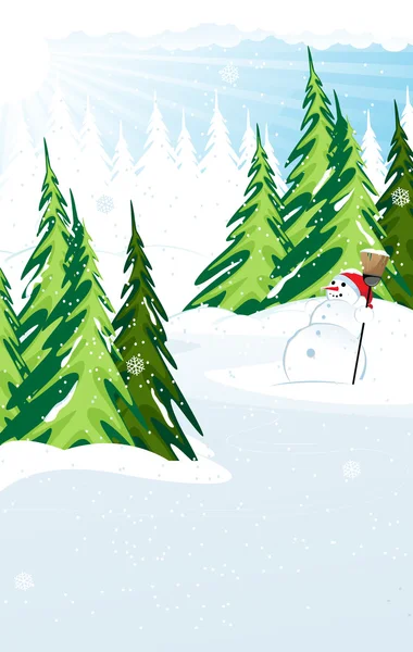 Bonhomme de neige dans une forêt de pins enneigés — Image vectorielle