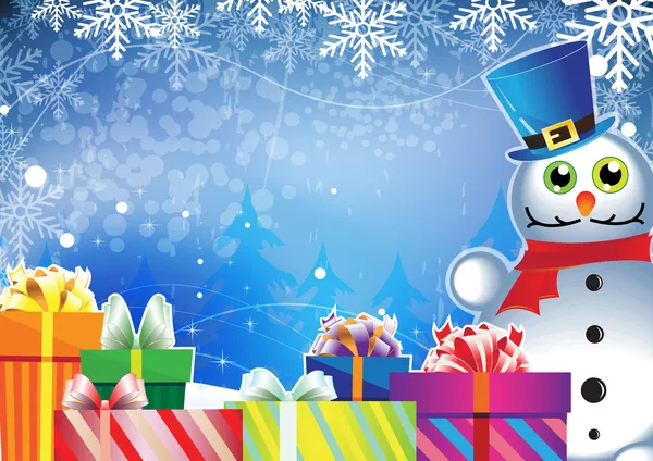 Bonhomme de neige et cadeaux de Noël — Image vectorielle