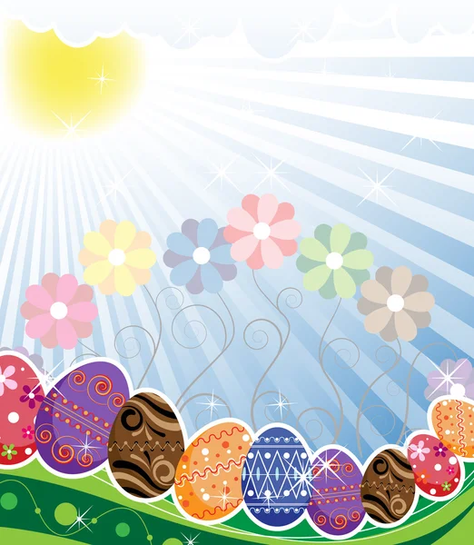 Huevos de Pascua originales en un prado de primavera — Vector de stock