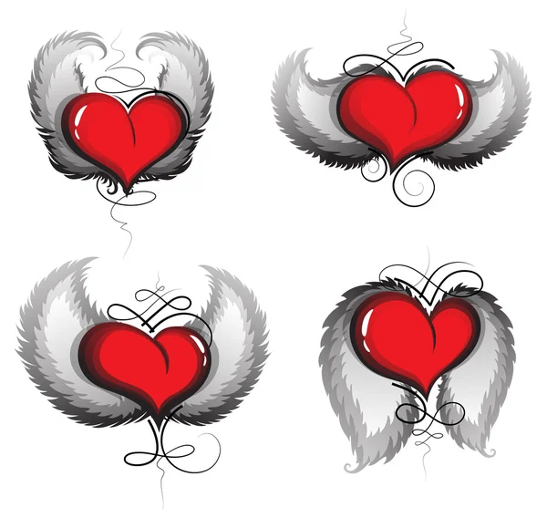 Coeurs de Saint-Valentin avec ailes et motif vintage — Image vectorielle