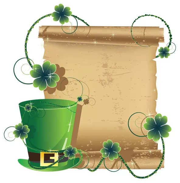 Green leprechaun hat and ancient manuscript — Stock Vector