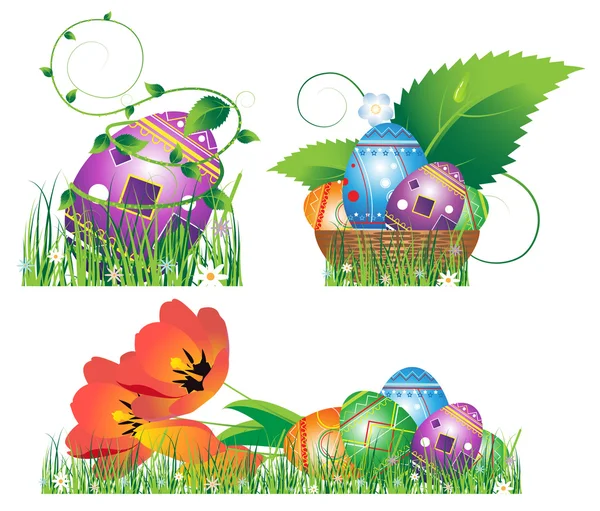 Egg, tulip, basket, grass isolated on white — Stock Vector