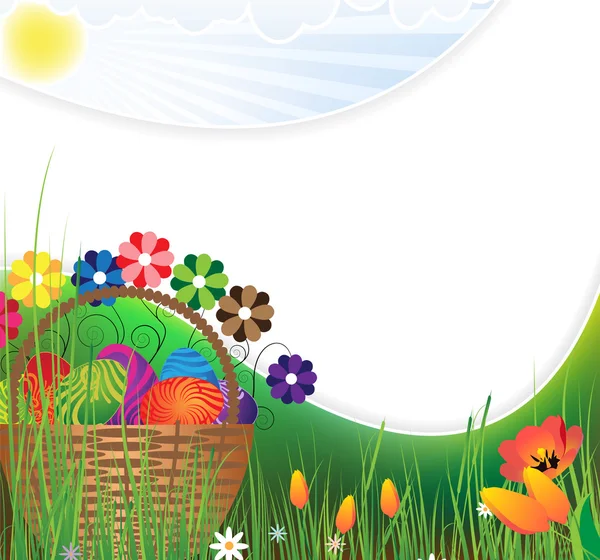 Easter basket on a green meadow — Stock Vector