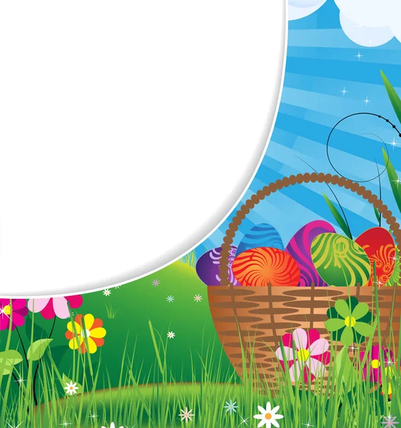 Basket filled with eggs on the meadow — Stock Vector