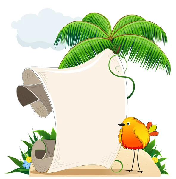 Isla tropical con pájaro y pergamino para texto — Vector de stock