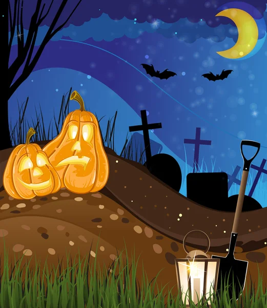 Jack o linternas en un cementerio — Vector de stock