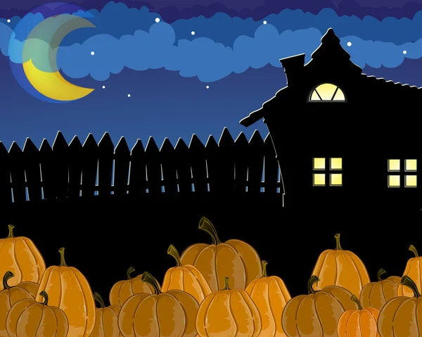 Calabazas y casa con ventanas brillantes — Vector de stock