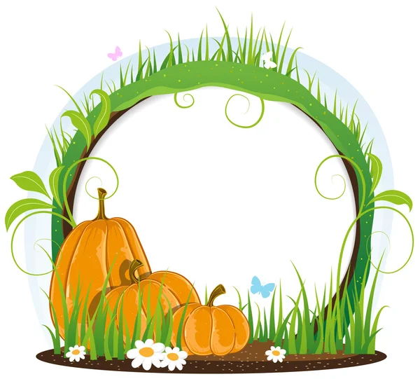 Pumpkins with leaves, flowers and butterflies — Stock Vector