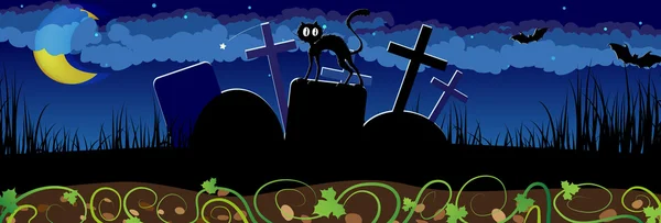 Noite cemitério e gato preto — Vetor de Stock
