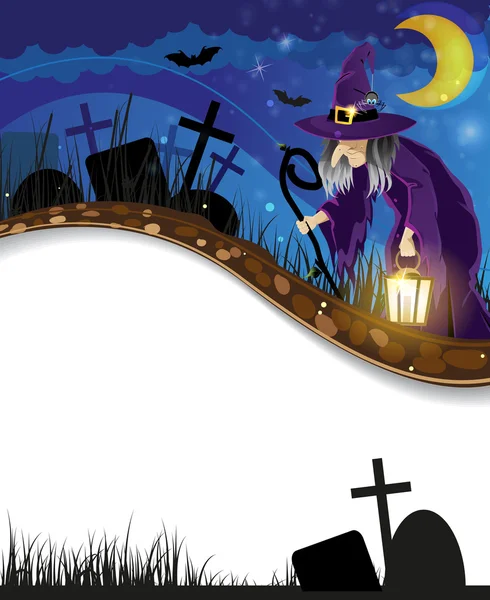 Wicked witch on a night cemetery — Stock Vector