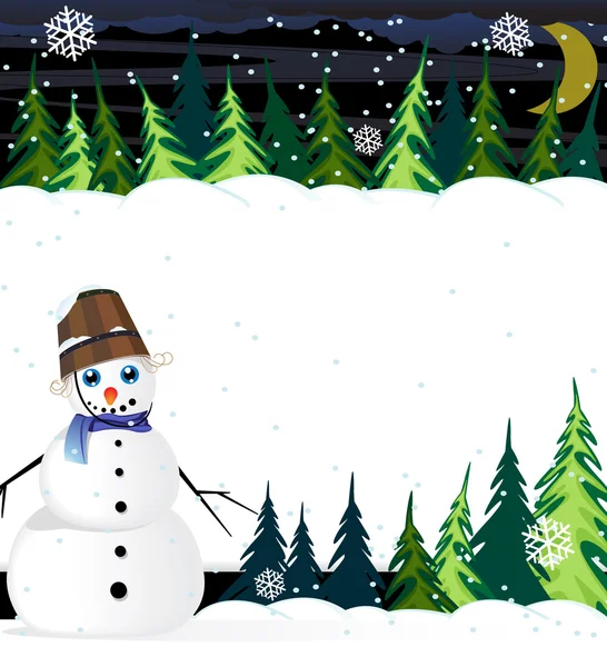 Noite inverno floresta cena com bonitinho boneco de neve — Vetor de Stock
