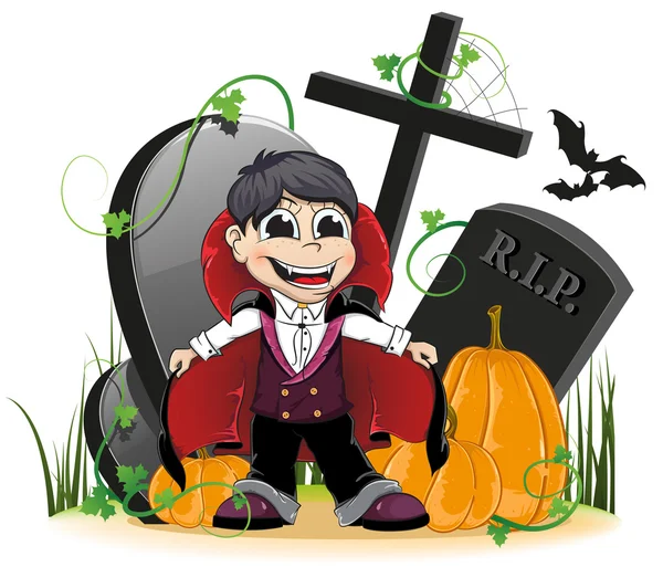 Vampire and pumpkins on the cemetery — Stock Vector