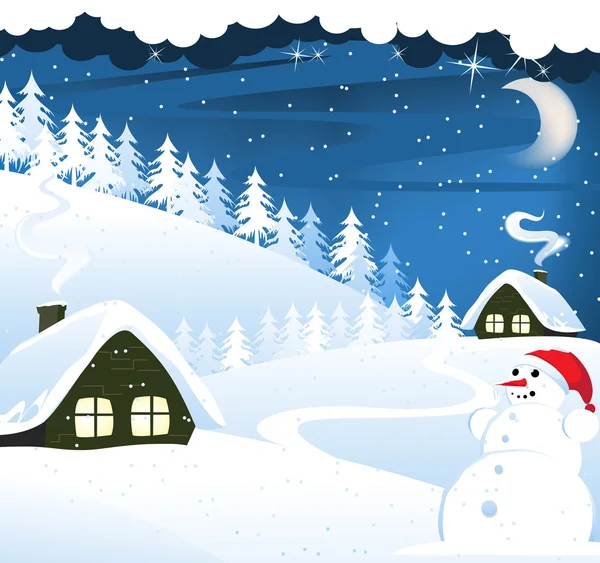 Дома и снеговик — стоковый вектор
