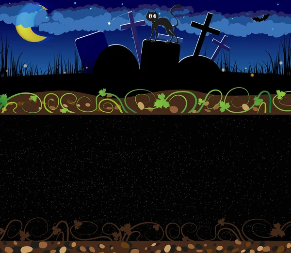 Nacht begraafplaats en zwarte kat — Stockvector