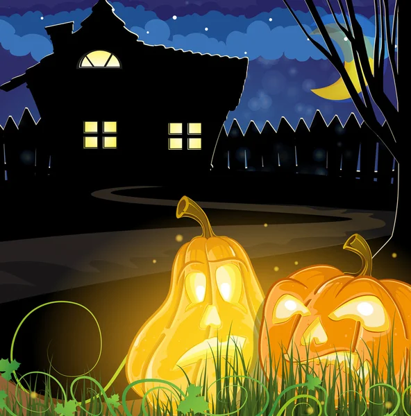 Pumpkins near a haunted house — Stock Vector