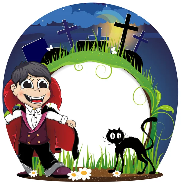 Vampiro y gato negro en un cementerio — Vector de stock