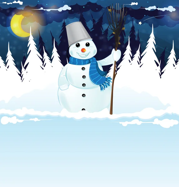 Snowman with a broom in the woods — Stock Vector