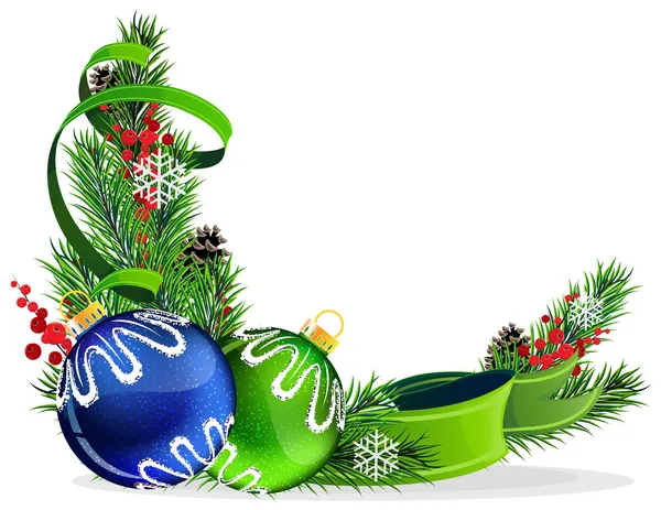 Palle albero di Natale con nastro verde — Vettoriale Stock