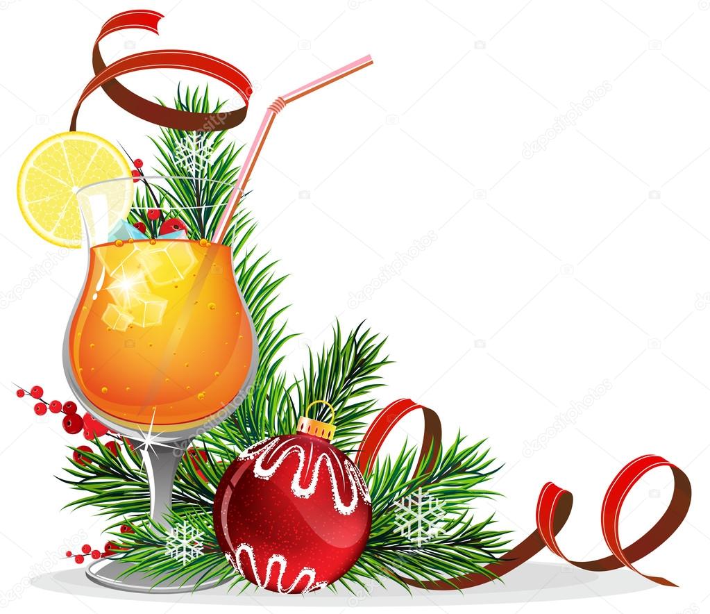 Orange cocktail, spruce branches and baubles