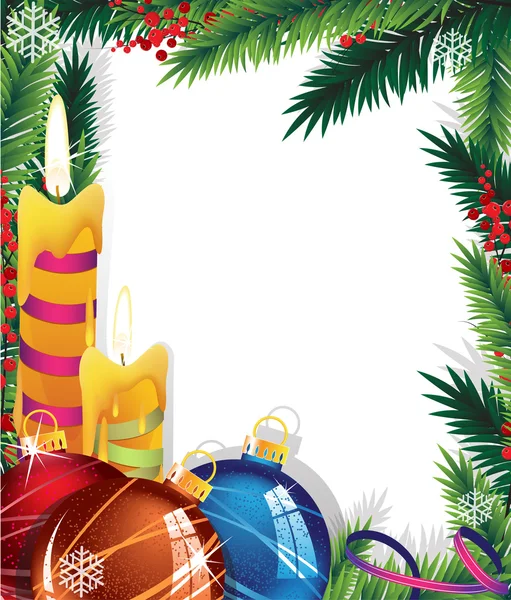 Kerstmis achtergrond met kerstballen en kaarsen — Stockvector