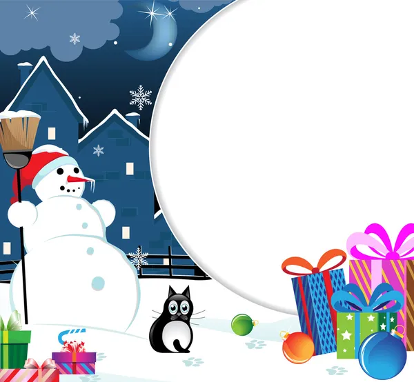 Muñeco de nieve con regalos de Navidad — Vector de stock