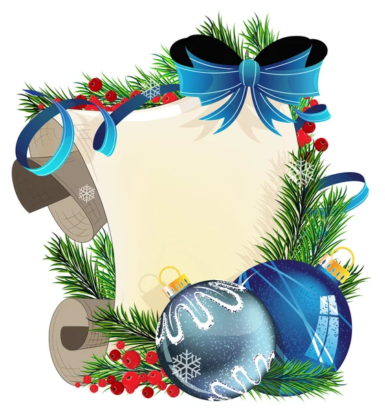 Blauwe kerstballen en papier scroll — Stockvector