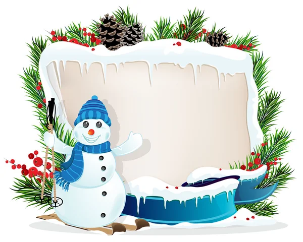 Grappige sneeuwpop en Kerstmis krans — Stockvector