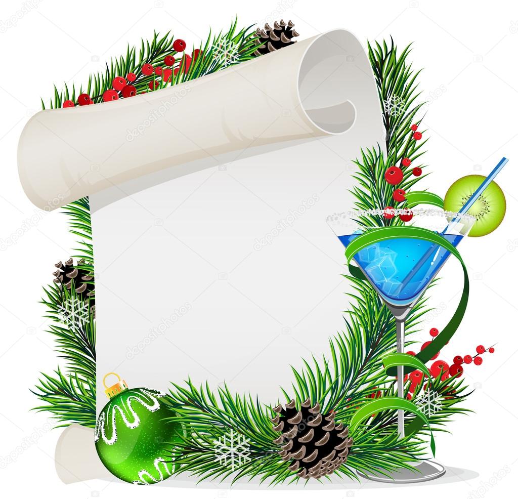 Blue cocktail, scroll and Christmas wreath