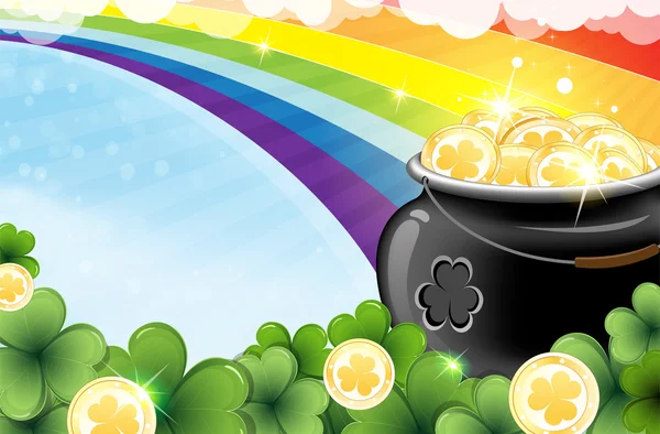 Rainbow and pot with gold — Stock Vector