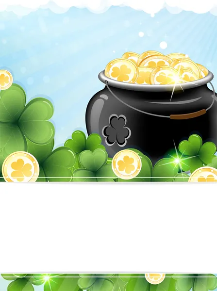 Leprechaun pot with gold coins and shamrock clover — Stock Vector